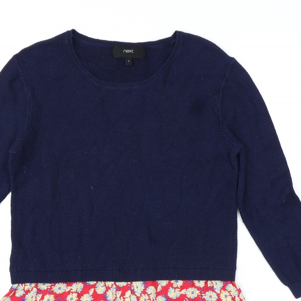 NEXT Womens Blue Round Neck Floral Cotton Pullover Jumper Size 8