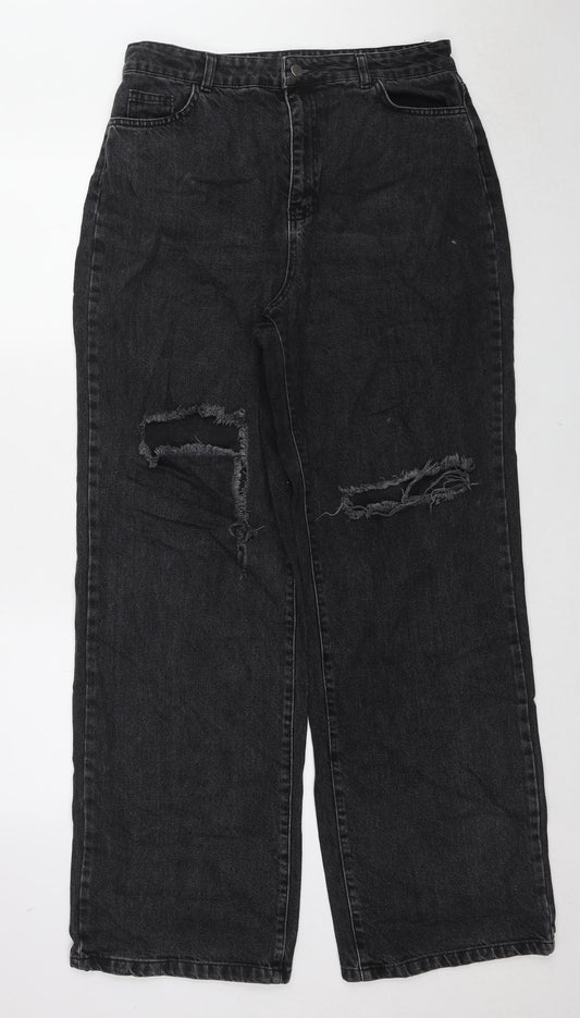 Boohoo Womens Black Cotton Wide-Leg Jeans Size 14 L31 in Regular Zip
