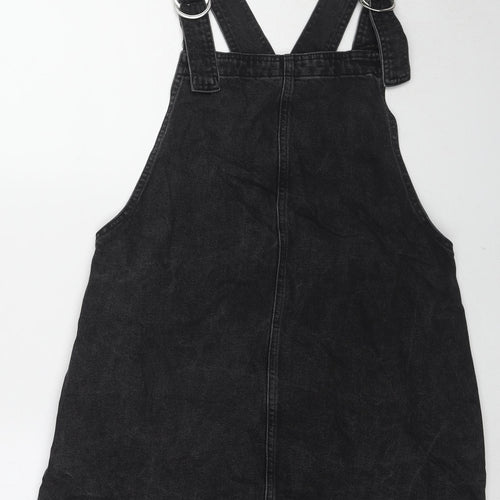 Topshop Womens Black Cotton Pinafore/Dungaree Dress Size 14 Square Neck Button
