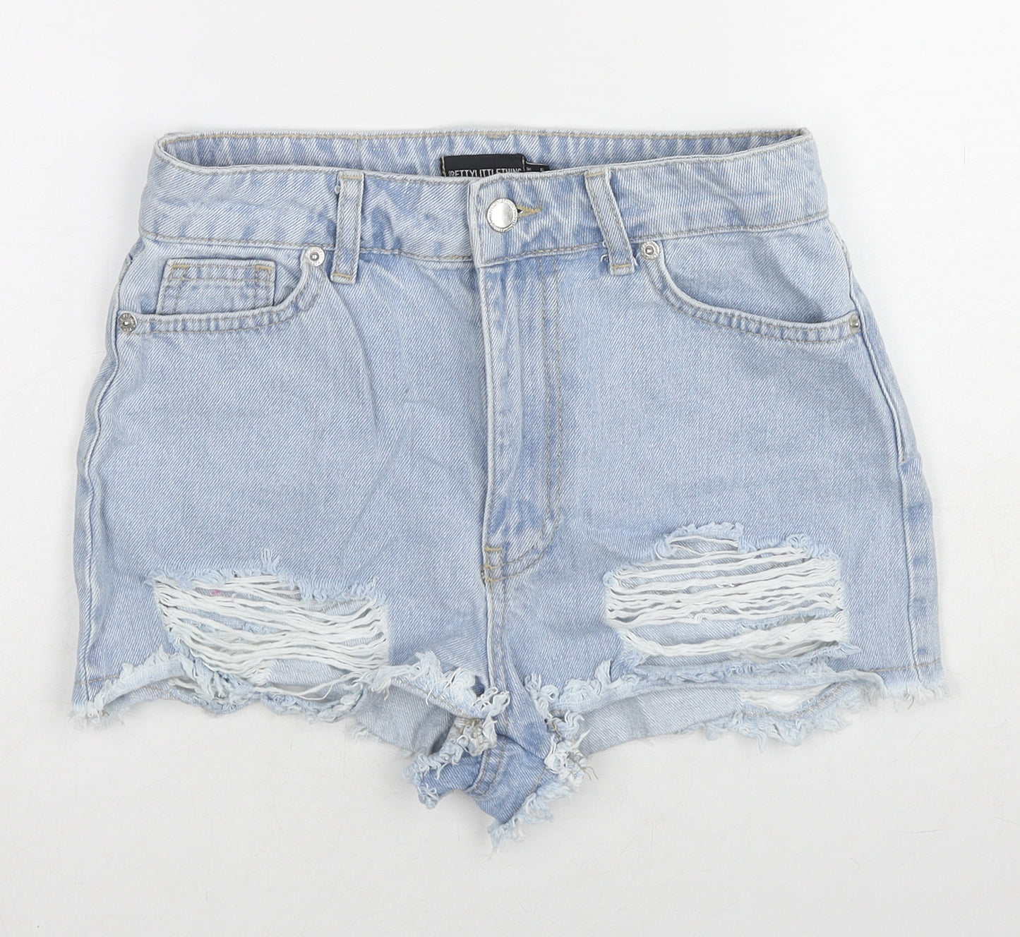 PRETTYLITTLETHING Womens Blue Cotton Cut-Off Shorts Size 6 L3 in Regular Zip - Distressed Look