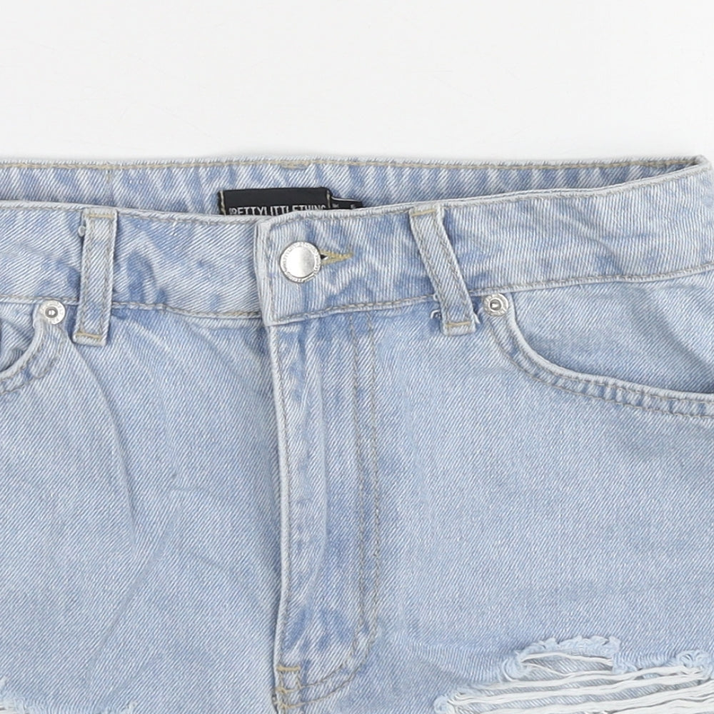 PRETTYLITTLETHING Womens Blue Cotton Cut-Off Shorts Size 6 L3 in Regular Zip - Distressed Look