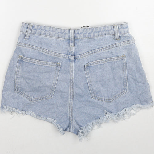 PRETTYLITTLETHING Womens Blue Cotton Cut-Off Shorts Size 8 L3 in Regular Zip - Distressed Denim