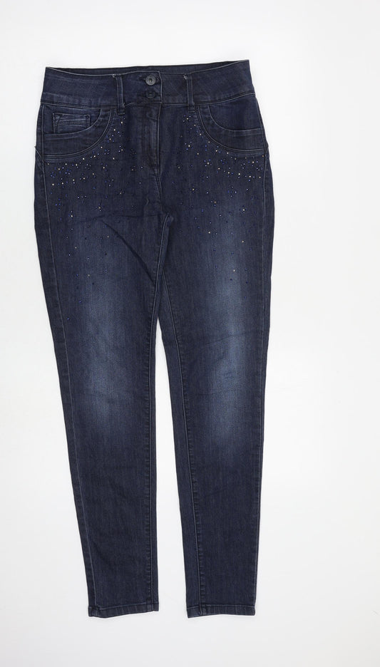 NEXT Womens Blue Cotton Skinny Jeans Size 12 L31 in Slim Zip - Embellished