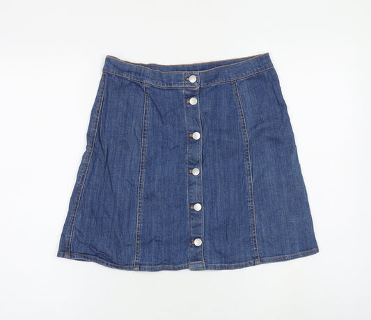 H&M Womens Blue Cotton A-Line Skirt Size 12 Button