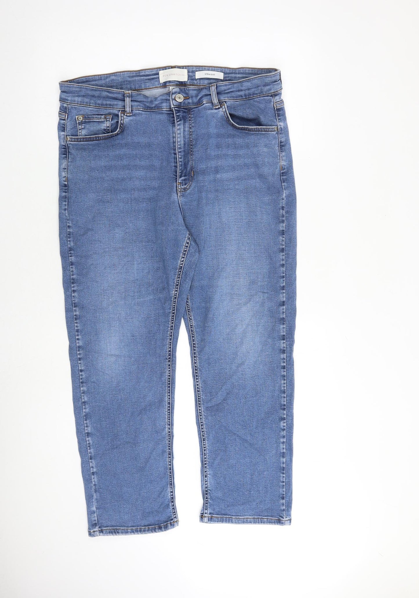 Per Una Womens Blue Cotton Straight Jeans Size 16 L26 in Regular Zip