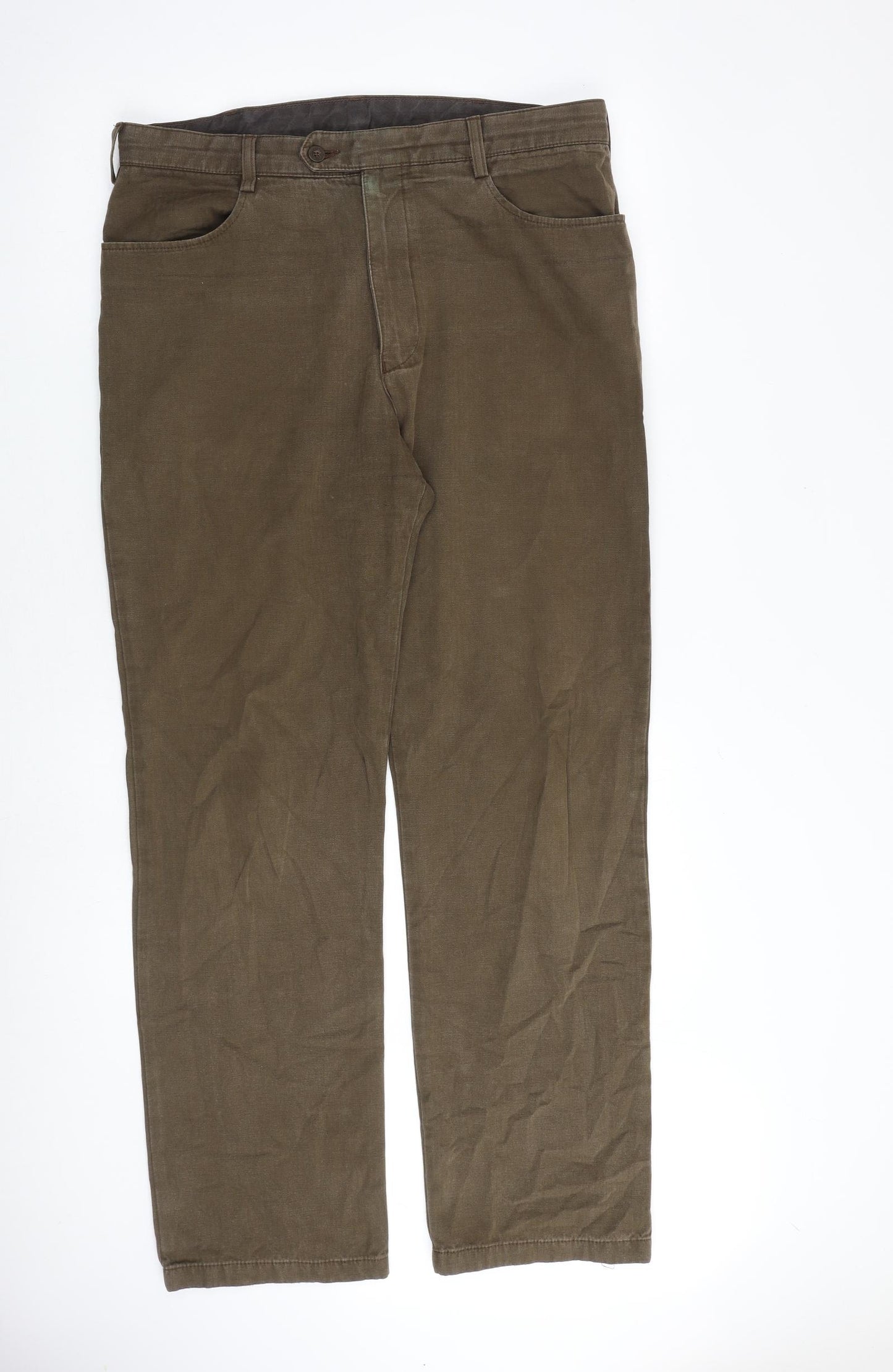 Marks and Spencer Mens Brown Cotton Trousers Size 36 in L33 in Regular Zip