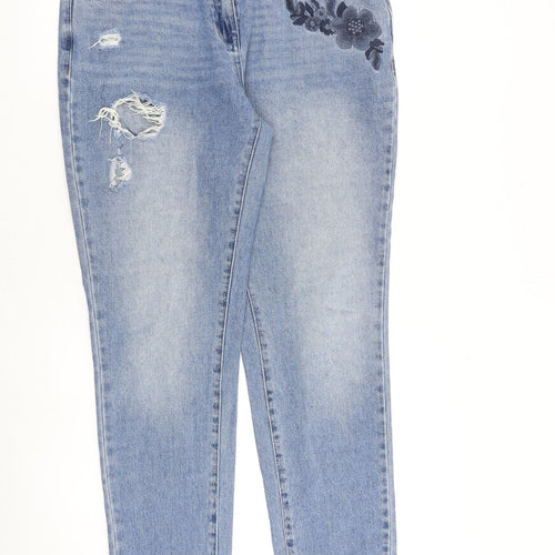 NEXT Womens Blue Cotton Tapered Jeans Size 14 L31 in Regular Zip - Floral Detail