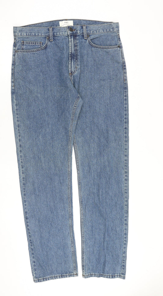 Marks and Spencer Mens Blue Cotton Straight Jeans Size 36 in L35 in Regular Zip