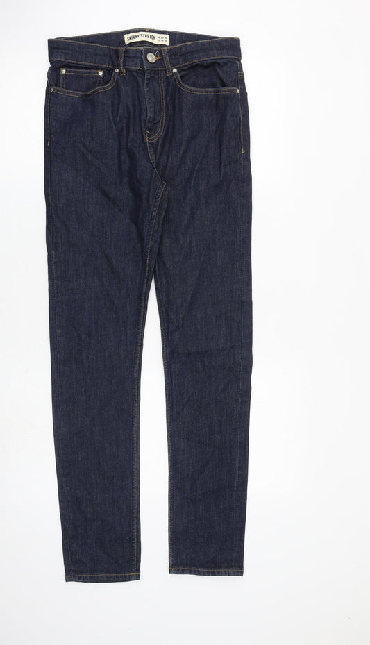New Look Mens Blue Herringbone Cotton Skinny Jeans Size 30 in L30 in Slim Zip