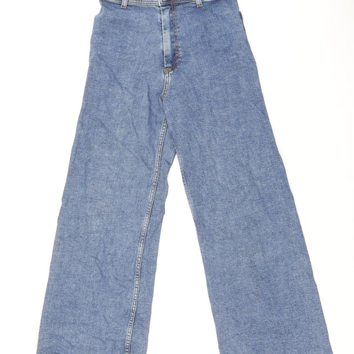Zara Womens Blue Cotton Wide-Leg Jeans Size 8 L28 in Regular Zip - Raw Hem