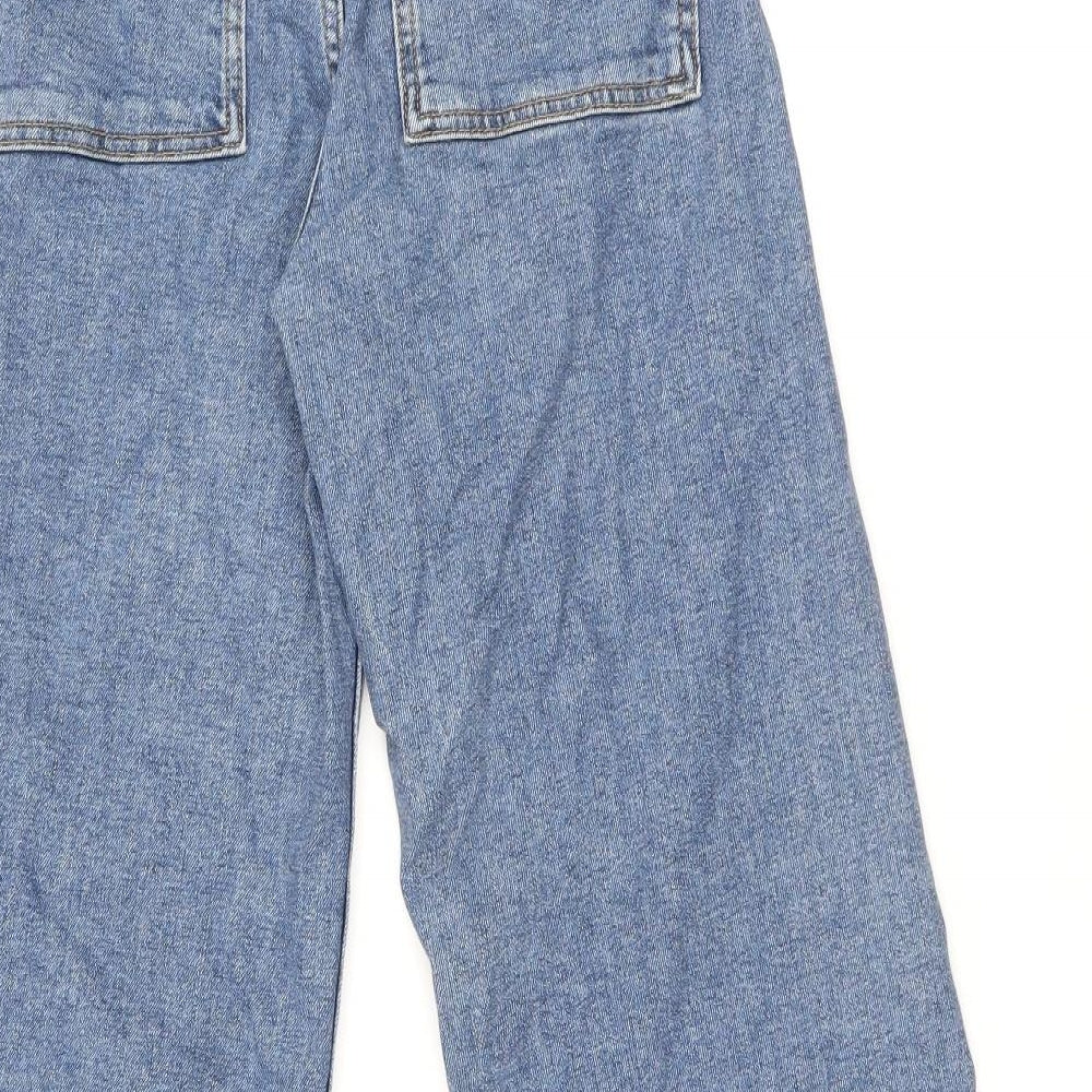 Zara Womens Blue Cotton Wide-Leg Jeans Size 8 L28 in Regular Zip - Raw Hem