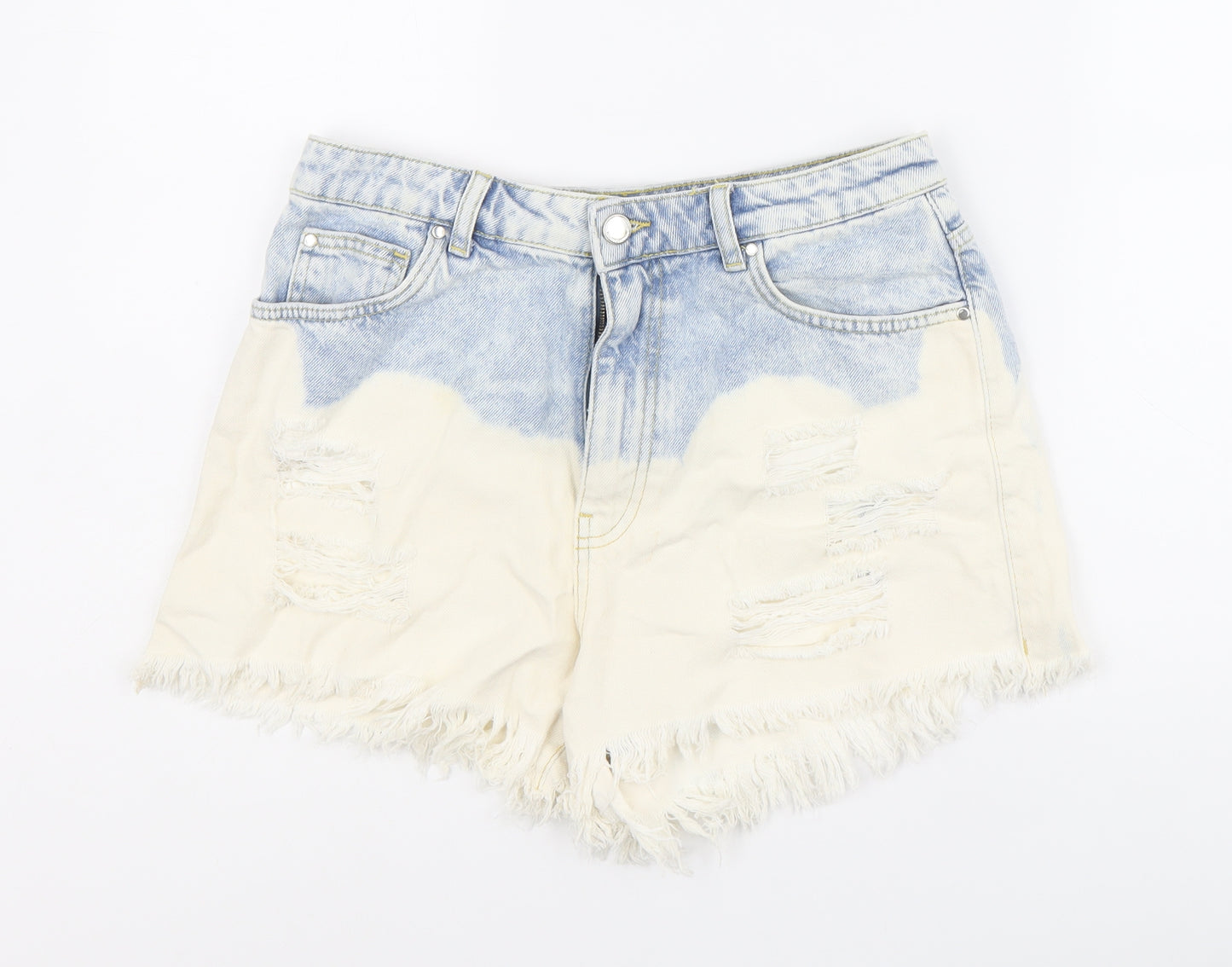 Zara Womens Ivory 100% Cotton Cut-Off Shorts Size 12 Extra-Slim Zip - Distressed look, 2 Inch Inside Leg