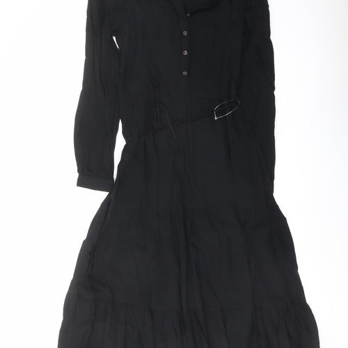 Marks and Spencer Womens Black Viscose Shirt Dress Size 6 V-Neck Button