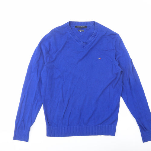 Tommy Hilfiger Mens Blue V-Neck Cotton Pullover Jumper Size S Long Sleeve