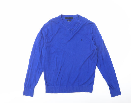 Tommy Hilfiger Mens Blue V-Neck Cotton Pullover Jumper Size S Long Sleeve
