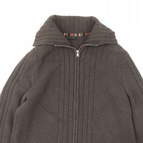 Sisley Mens Brown Collared Wool Full Zip Jumper Size L Long Sleeve