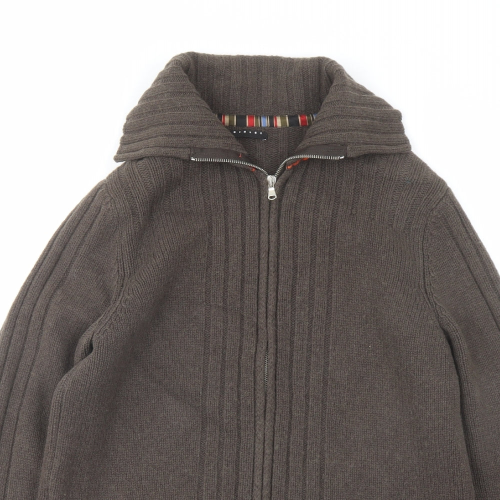 Sisley Mens Brown Collared Wool Full Zip Jumper Size L Long Sleeve