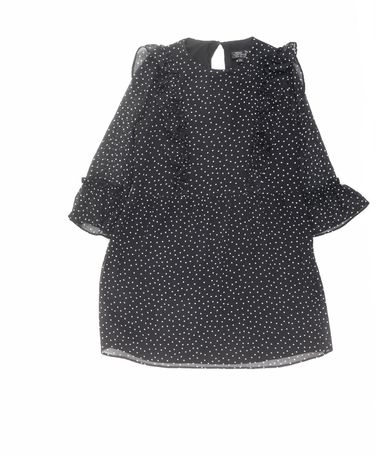 Topshop Womens Black Polka Dot Polyester A-Line Size 8 Round Neck Button