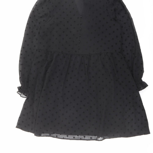 Marks and Spencer Womens Black Polka Dot Polyester A-Line Size 12 V-Neck Button