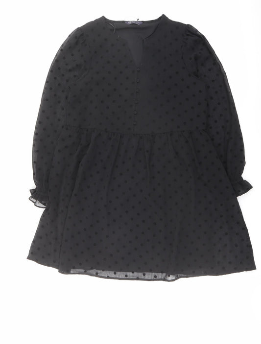 Marks and Spencer Womens Black Polka Dot Polyester A-Line Size 12 V-Neck Button