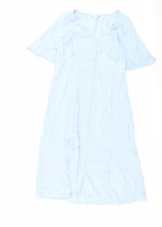 Miss Selfridge Womens Blue Viscose Shirt Dress Size 12 V-Neck Button