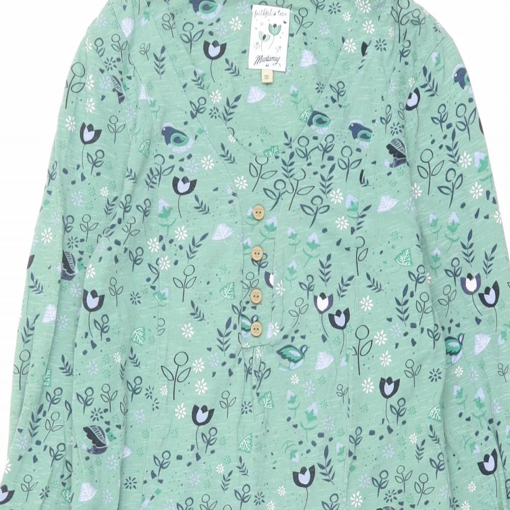 MANTARAY PRODUCTS Womens Green Floral Cotton Tunic Blouse Size 10 Scoop Neck