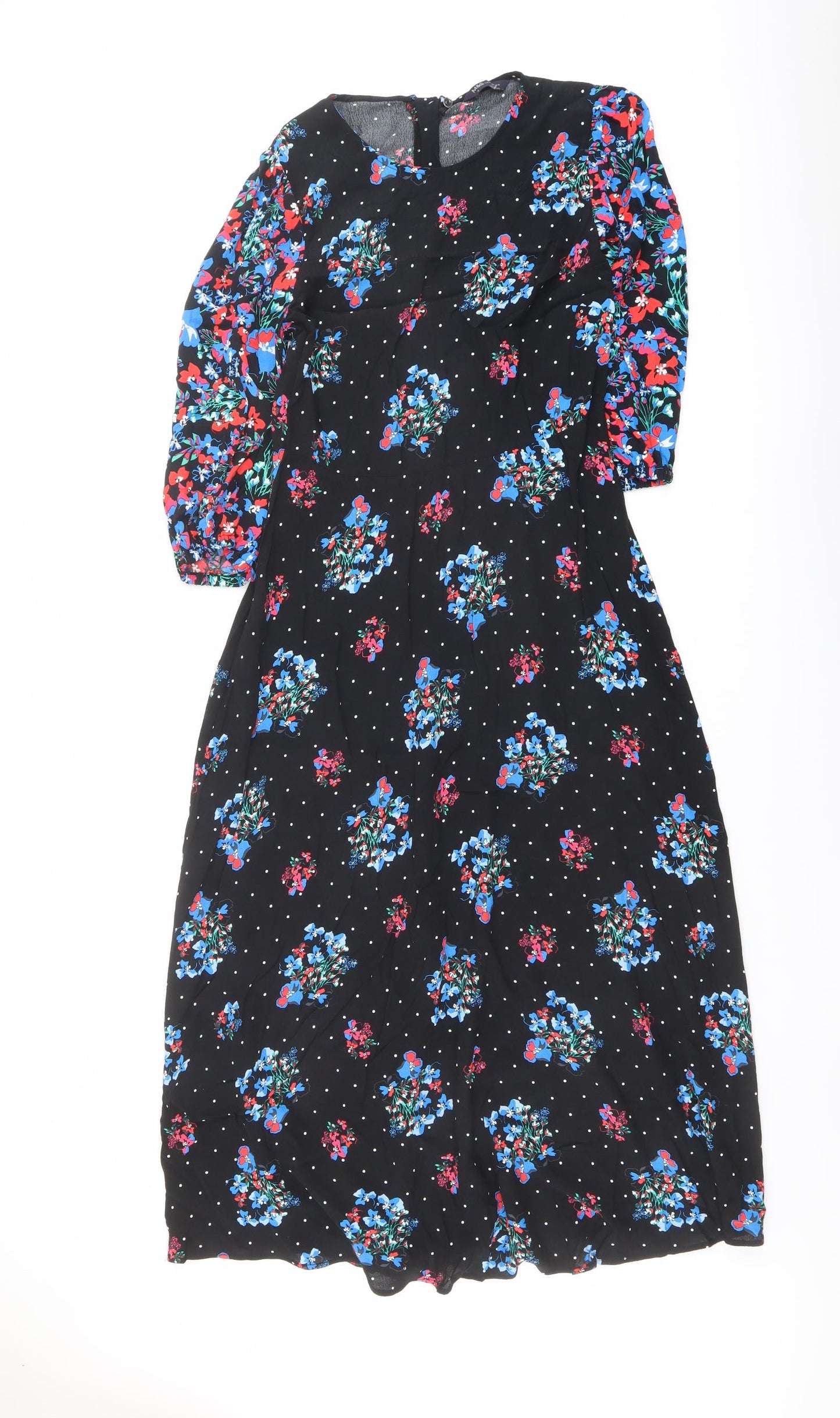 Marks and Spencer Womens Black Floral Viscose A-Line Size 10 Round Neck Zip