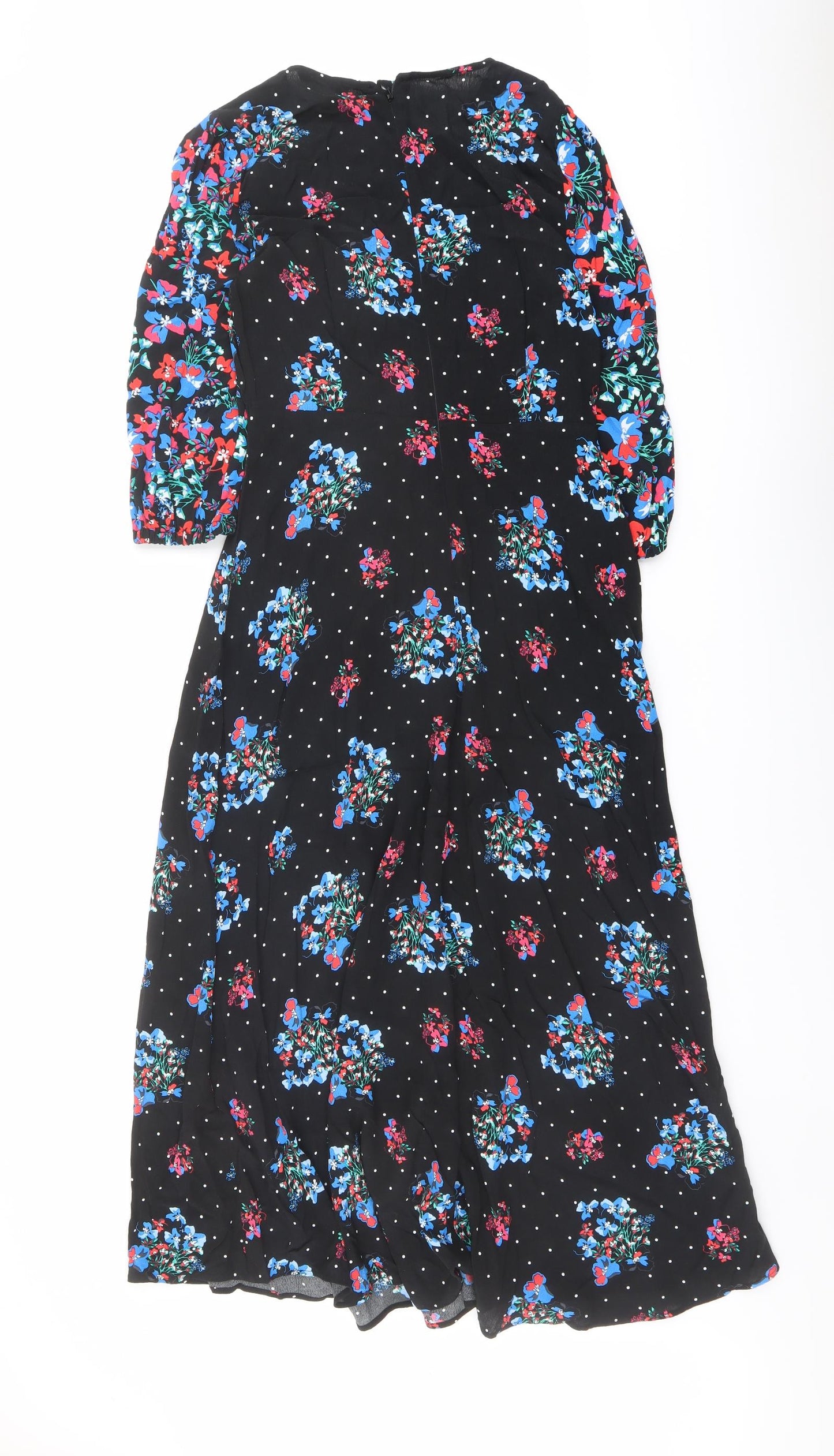 Marks and Spencer Womens Black Floral Viscose A-Line Size 10 Round Neck Zip