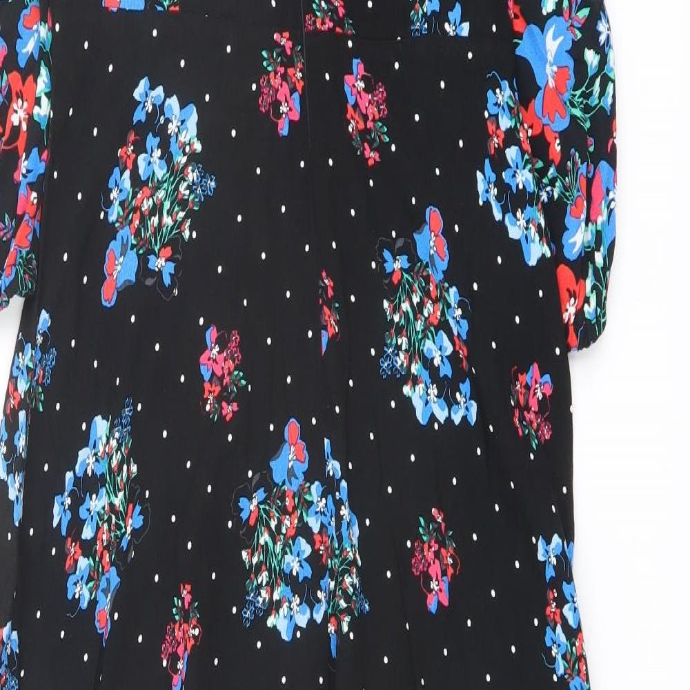 Marks and Spencer Womens Black Floral Viscose A-Line Size 10 Round Neck Zip