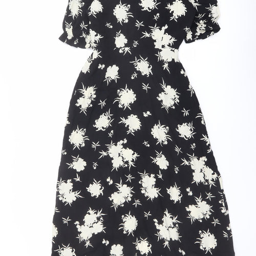 Marks and Spencer Womens Black Floral Viscose Kaftan Size 6 V-Neck Button