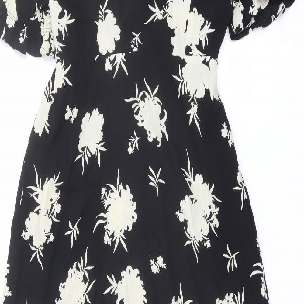 Marks and Spencer Womens Black Floral Viscose Kaftan Size 6 V-Neck Button