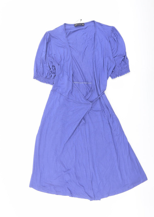 Marks and Spencer Womens Blue Viscose Wrap Dress Size 10 V-Neck Tie