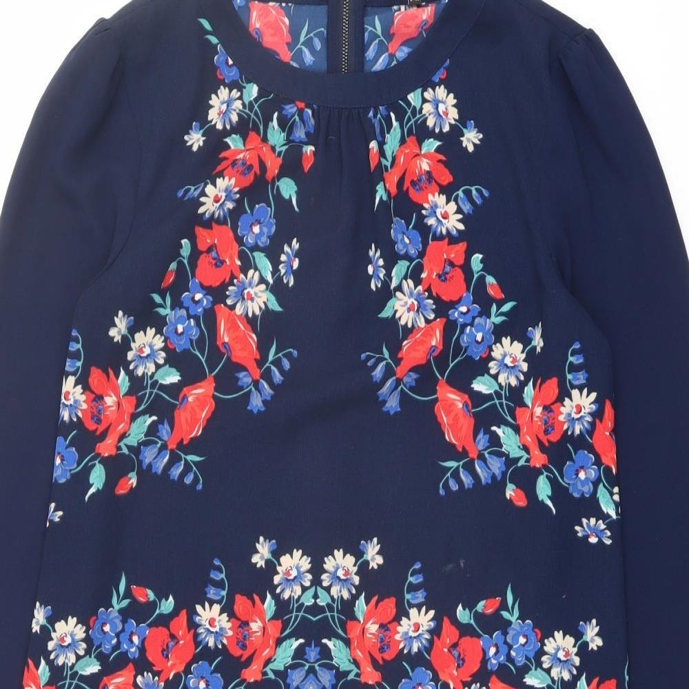 Warehouse Womens Blue Floral Polyester A-Line Size 12 Round Neck Zip