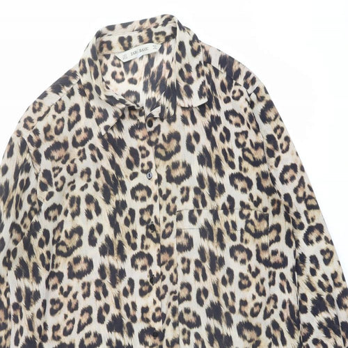 Zara Womens Brown Animal Print Polyester Tunic Button-Up Size S Collared - Leopard Print