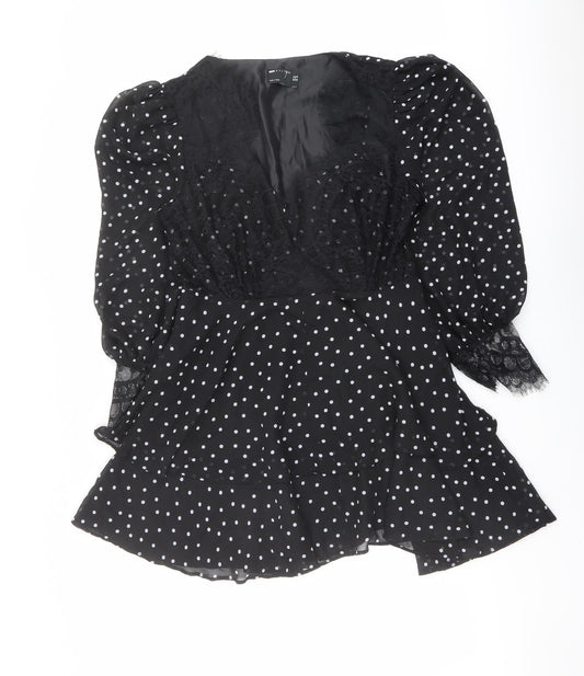 ASOS Womens Black Polka Dot Polyester Mini Size 14 V-Neck Zip