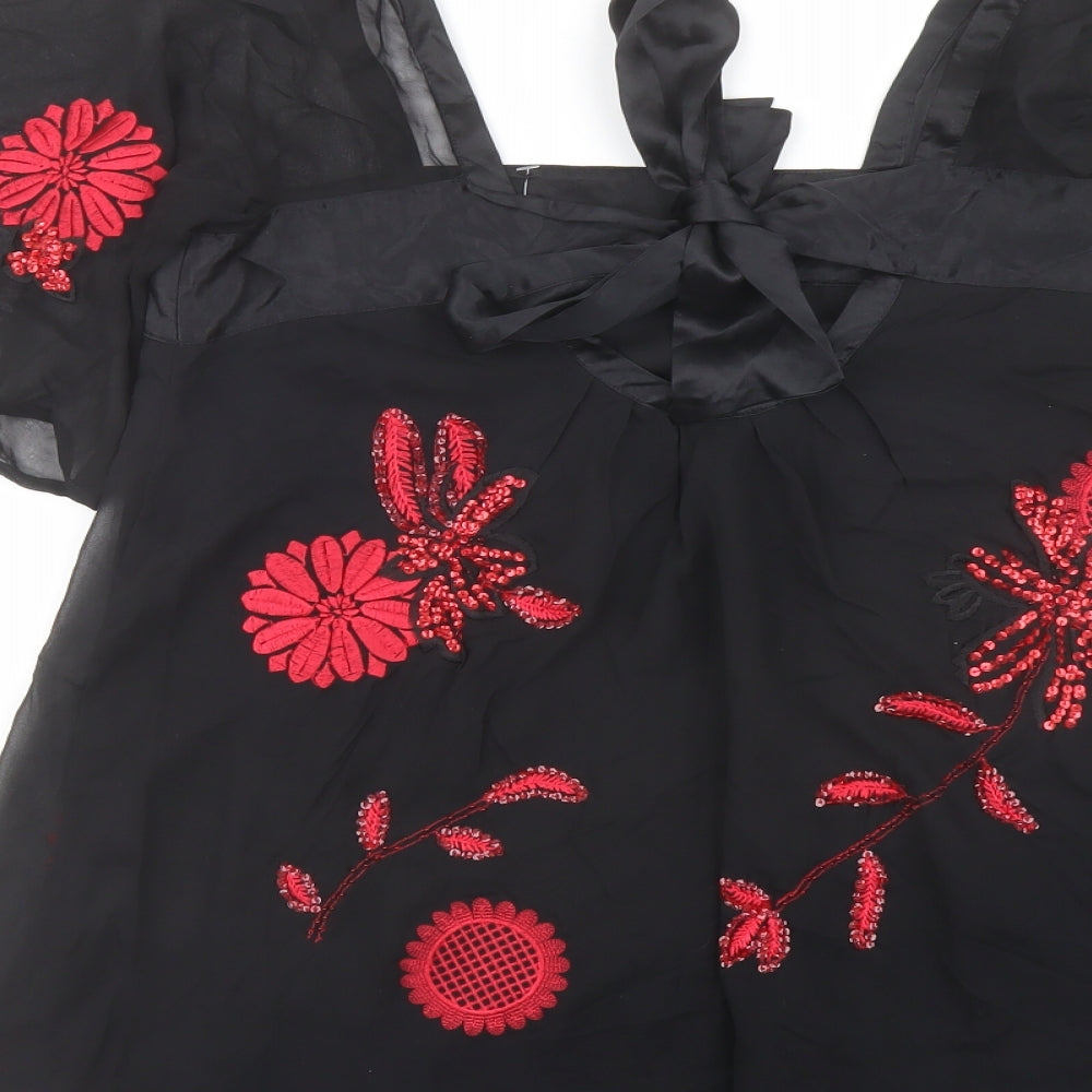 Coast Womens Black Floral Polyester Basic Blouse Size 10 Square Neck - Embellished