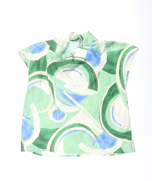 Zara Womens Green Geometric Polyester Basic Blouse Size XL Mock Neck