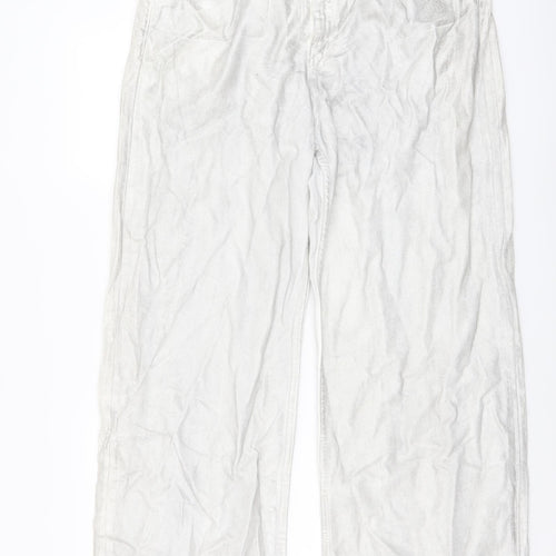Zara Womens Silver Cotton Wide-Leg Jeans Size 16 L31 in Regular Button - Metallic