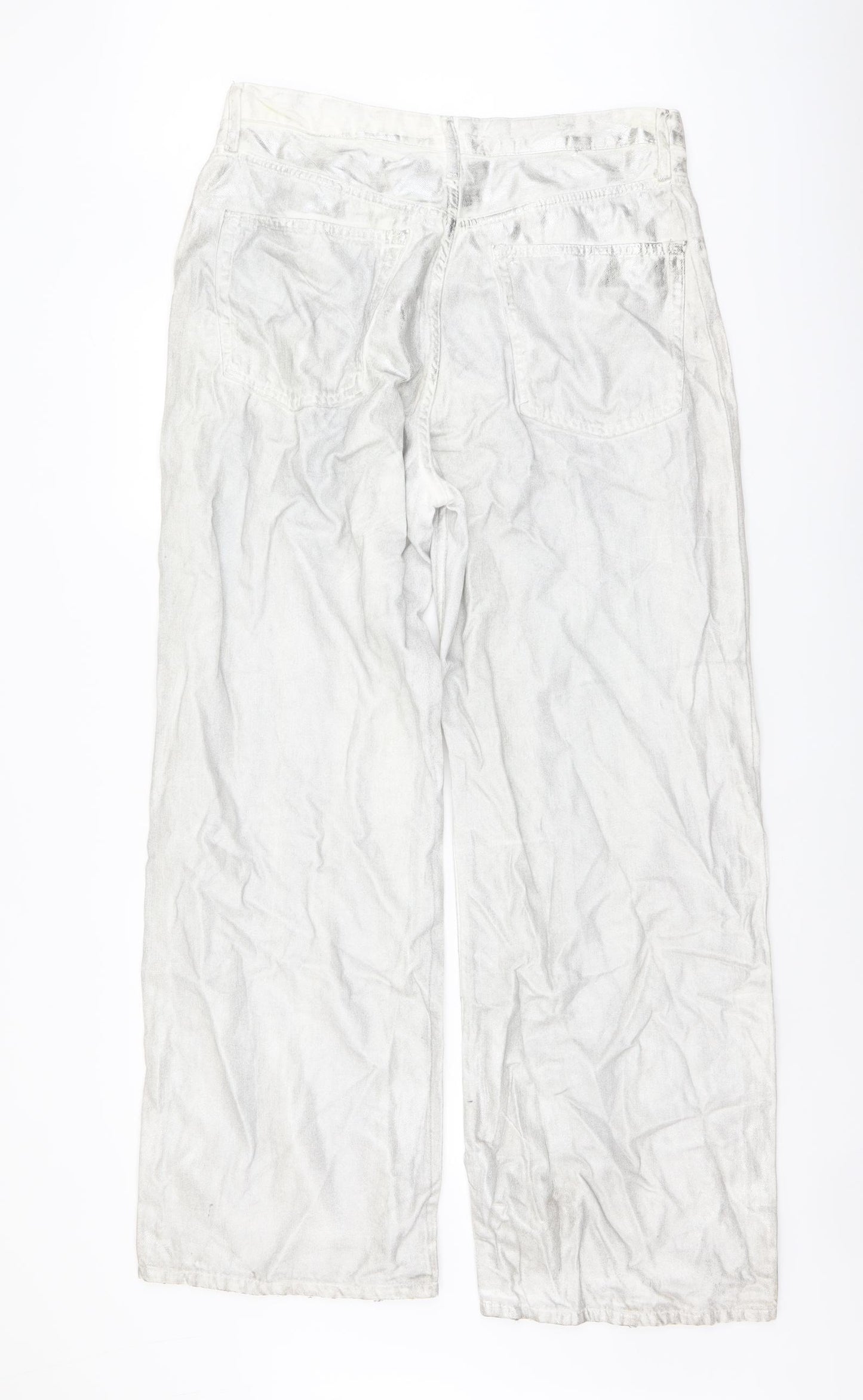 Zara Womens Silver Cotton Wide-Leg Jeans Size 16 L31 in Regular Button - Metallic