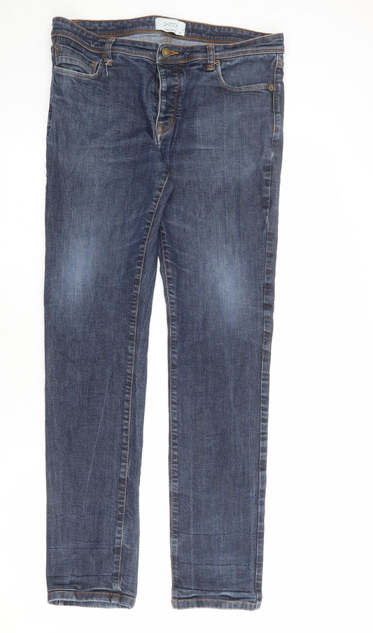 SKETCH Mens Blue Cotton Skinny Jeans Size 34 in L30 in Regular Button
