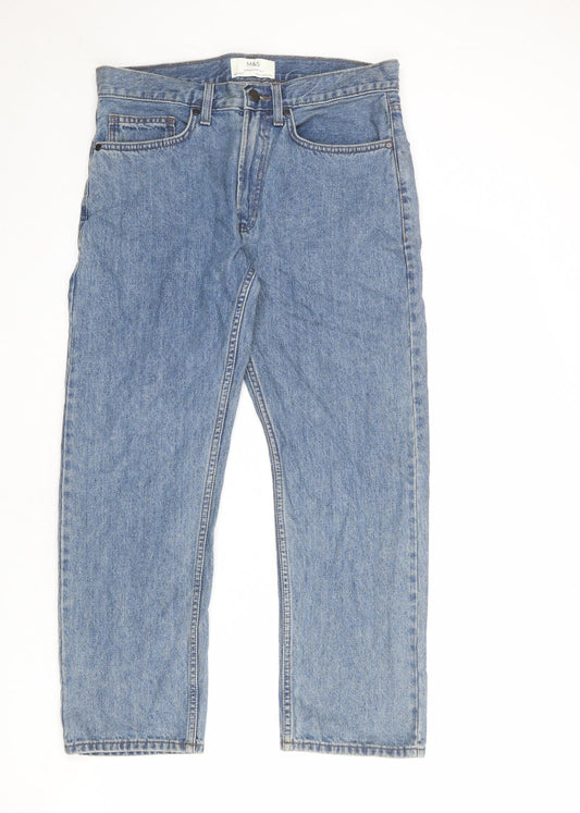Marks and Spencer Mens Blue Cotton Straight Jeans Size 32 in L27 in Regular Zip