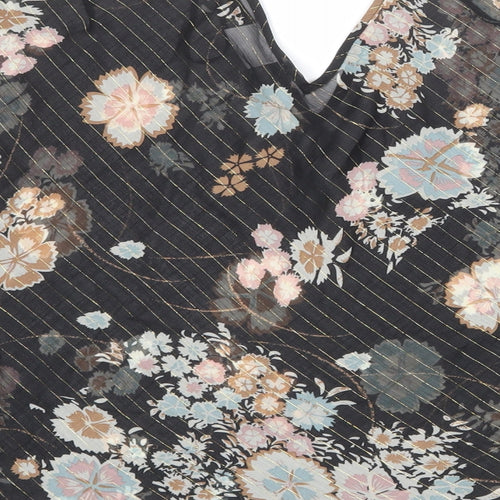 Roman Womens Black Floral Polyester Basic Blouse Size 10 V-Neck