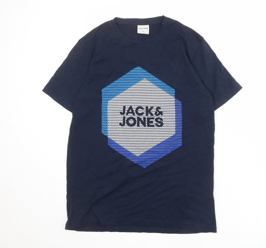 JACK & JONES Mens Blue Cotton T-Shirt Size M Crew Neck
