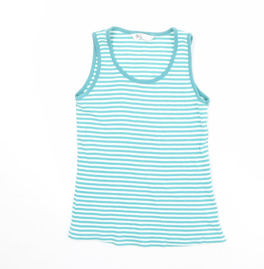BHS Womens Blue Striped 100% Cotton Basic Tank Size 12 Scoop Neck - Ribbed