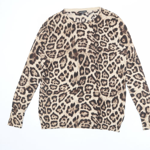 Warehouse Womens Beige Crew Neck Animal Print Viscose Pullover Jumper Size 14 - Leopard pattern