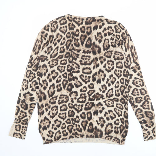 Warehouse Womens Beige Crew Neck Animal Print Viscose Pullover Jumper Size 14 - Leopard pattern