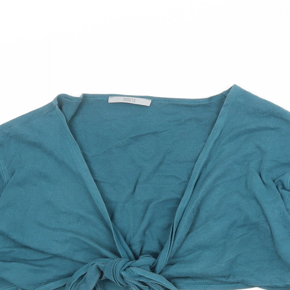 Marks and Spencer Womens Blue 100% Cotton Cropped Blouse Size 16 V-Neck - Tie Front Detail