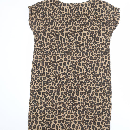 NEXT Womens Beige Animal Print 100% Cotton T-Shirt Dress Size 10 Round Neck Pullover - Leopard pattern