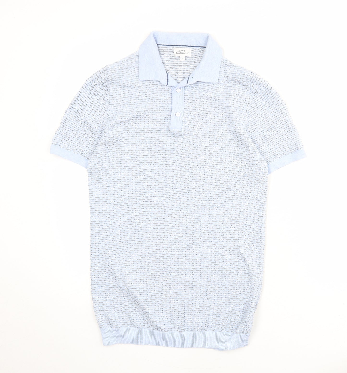 NEXT Mens Blue Geometric 100% Cotton Polo Size S Collared Button