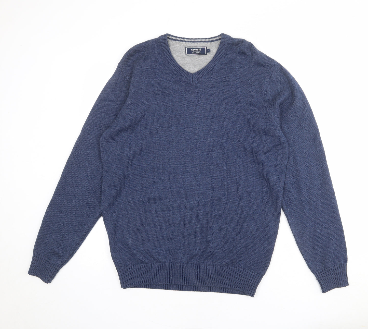 Maine New England Mens Blue V-Neck Cotton Pullover Jumper Size S Long Sleeve